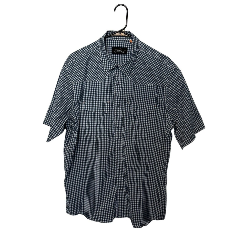 Orvis Snap Front Shirt Mens Large Blue Gingham Short Sleeve Fishing Outdoor